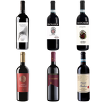 Collection of six wine bottles with various labels on a white background
