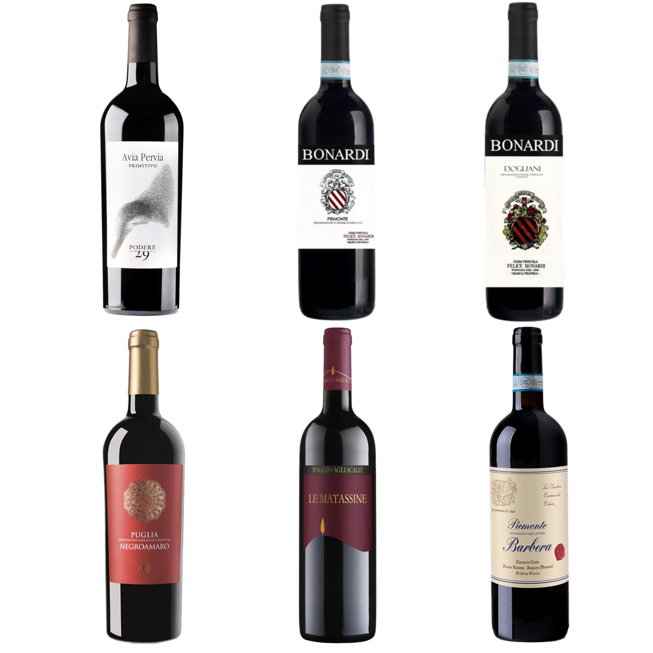 Collection of six wine bottles with various labels on a white background