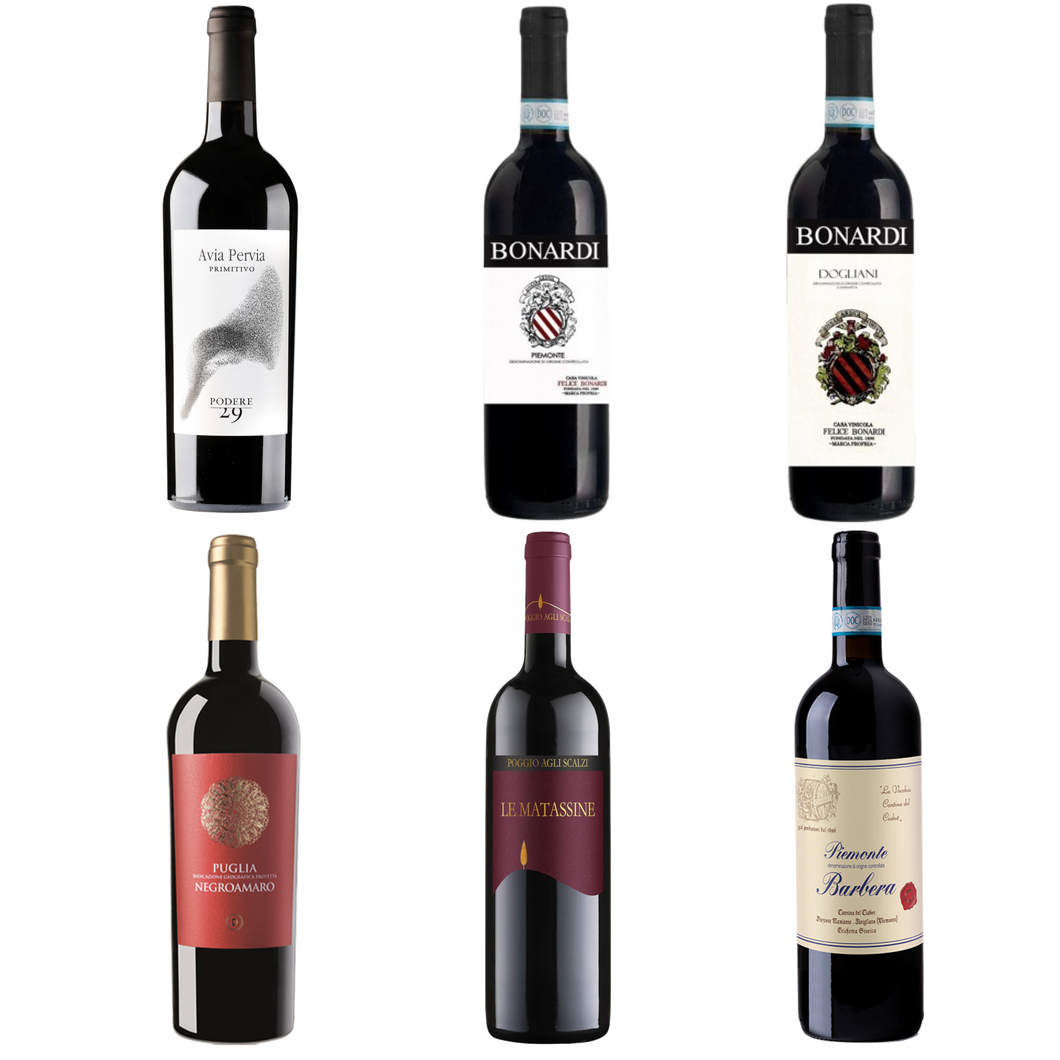 Collection of six wine bottles with various labels on a white background