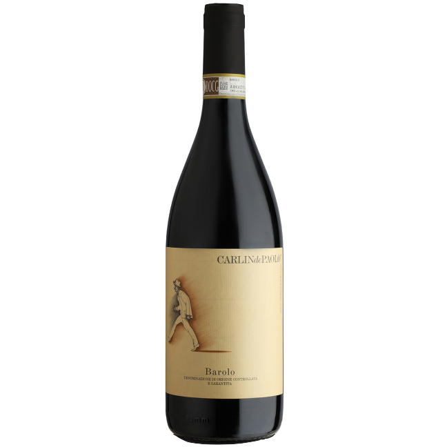 A bottle of Barolo DOCG 2019 wine with a label that includes an illustration of a figure and the name 'Carlin de Paolo'. The background is transparent.