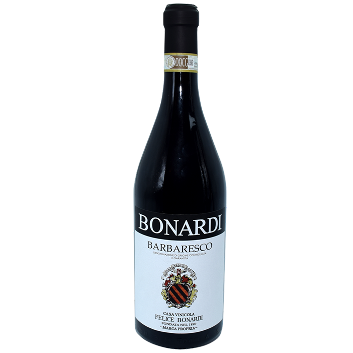 A bottle of BONARDI Barbaresco wine with a dark label, indicating it is a red wine from Piemonte, Italy.