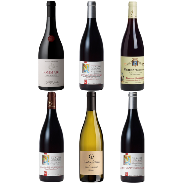 An assortment of six wine bottles from Burgundy, featuring five red and one white wines, with labels visible.