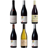 An assortment of six wine bottles from Burgundy, featuring five red and one white wines, with labels visible.