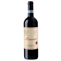 A bottle of red wine labeled 'Memento' with an intense ruby red color, indicating it is a SuperPiemonte blend of Dolcetto and Pinot Noir grapes.