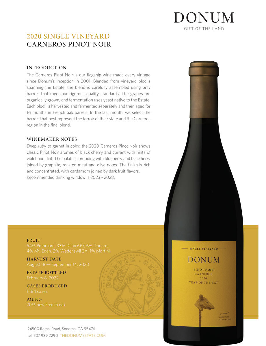 2020 DONUM Carneros Estate Pinot Noir Napa Valley