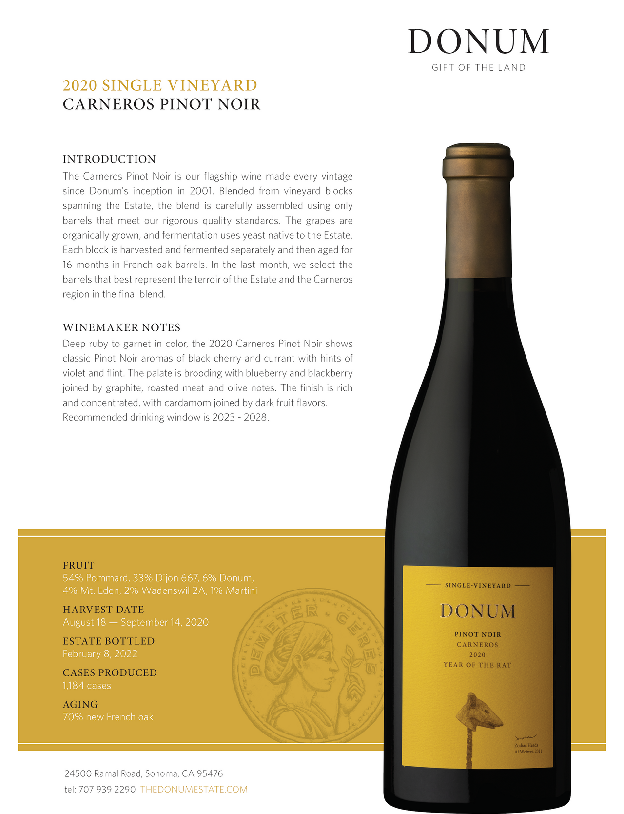 2019 DONUM Carneros Estate Pinot Noir Napa Valley