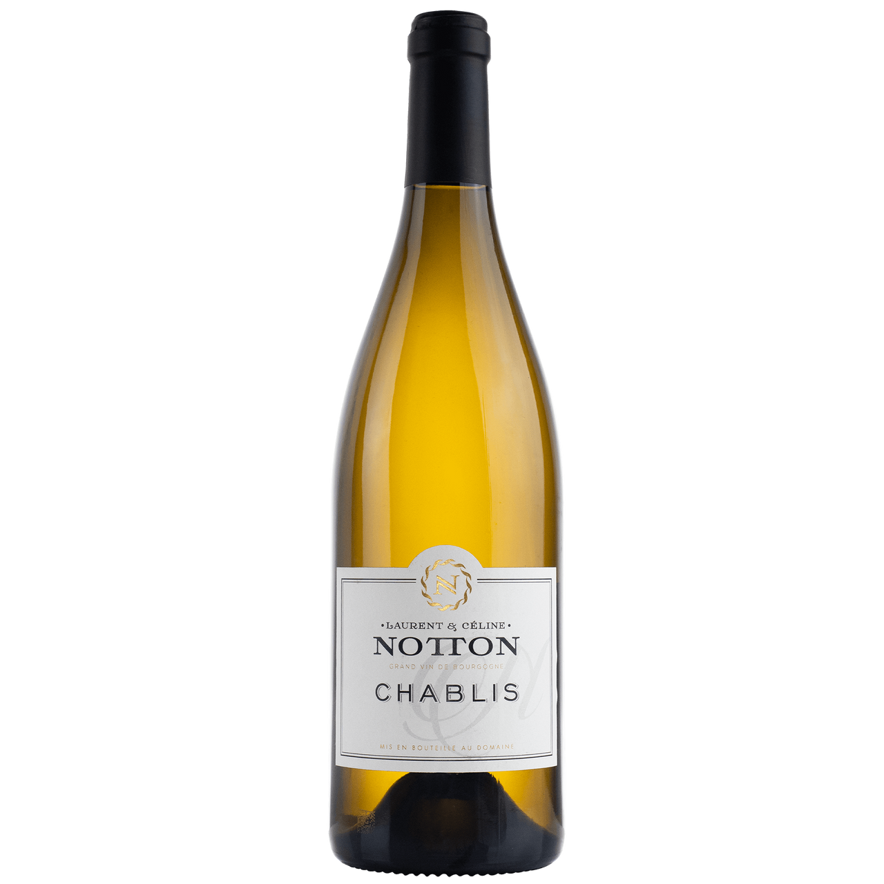 Bottle of 2022 DOMAINE NOTTON Chablis wine from Burgundy with a bright yellow label, text, and a black cap.