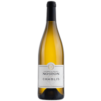 Bottle of 2022 DOMAINE NOTTON Chablis wine from Burgundy with a bright yellow label, text, and a black cap.