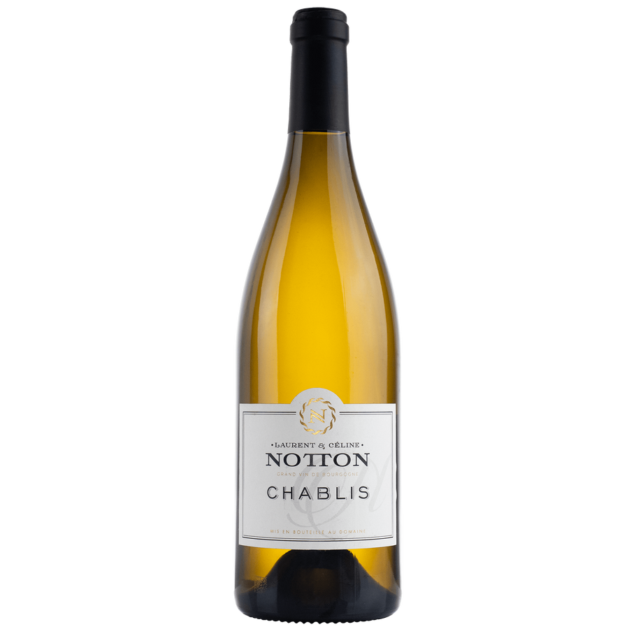 Bottle of 2022 DOMAINE NOTTON Chablis wine from Burgundy with a bright yellow label, text, and a black cap.