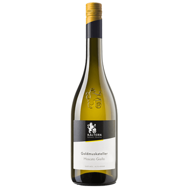 A bottle of Moscato Giallo dessert wine with a label indicating it is a product of Alto Adige, Italy. The wine is in a clear bottle, showcasing a bright yellow liquid, with a golden foil top.