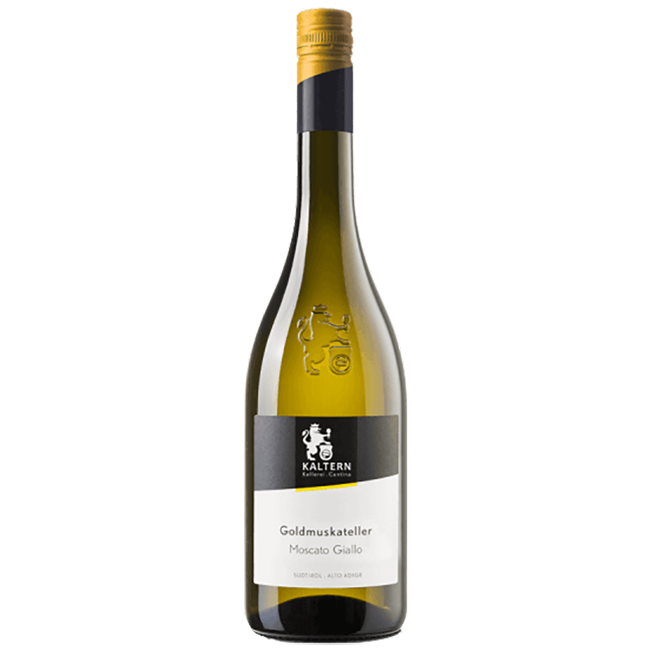 A bottle of Moscato Giallo dessert wine with a label indicating it is a product of Alto Adige, Italy. The wine is in a clear bottle, showcasing a bright yellow liquid, with a golden foil top.