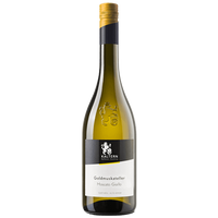 A bottle of Moscato Giallo dessert wine with a label indicating it is a product of Alto Adige, Italy. The wine is in a clear bottle, showcasing a bright yellow liquid, with a golden foil top.