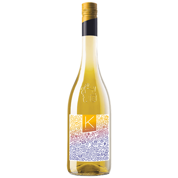 Bottle of K-White Blend wine with a label featuring a geometric pattern and the letter 'K' in the center, set against a plain background.