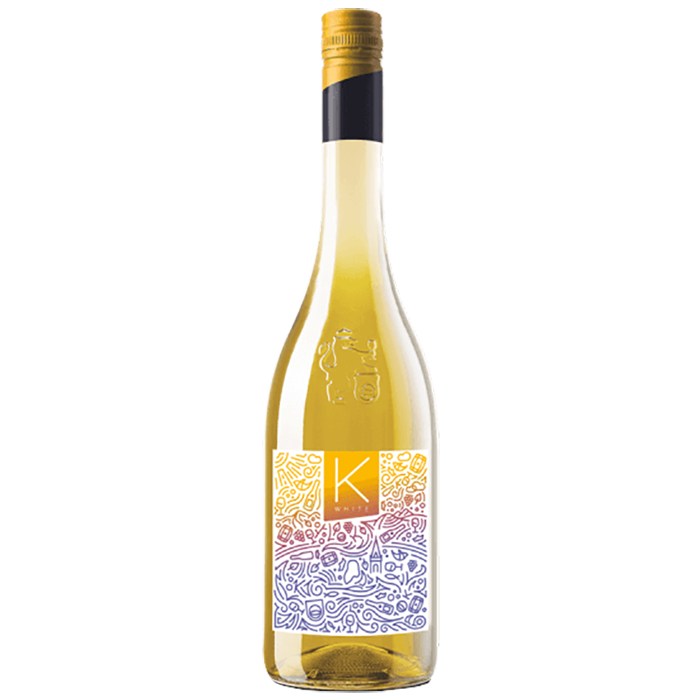 Bottle of K-White Blend wine with a label featuring a geometric pattern and the letter 'K' in the center, set against a plain background.