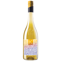 Bottle of K-White Blend wine with a label featuring a geometric pattern and the letter 'K' in the center, set against a plain background.