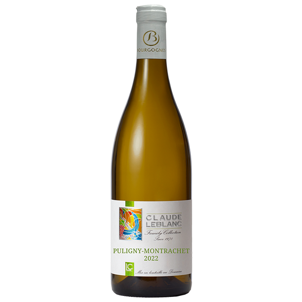 A bottle of Puligny-Montrachet 2022 white wine from Burgundy, with label indicating the appellation and the name of the winegrower, Claude LeBlanc.