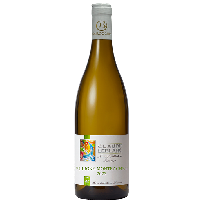 A bottle of Puligny-Montrachet 2022 white wine from Burgundy, with label indicating the appellation and the name of the winegrower, Claude LeBlanc.