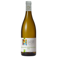 A bottle of Puligny-Montrachet 2022 white wine from Burgundy, with label indicating the appellation and the name of the winegrower, Claude LeBlanc.