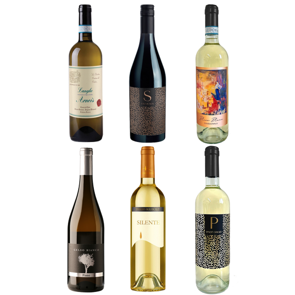 Six wine bottles with various labels on a white background