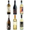 Six wine bottles with various labels on a white background