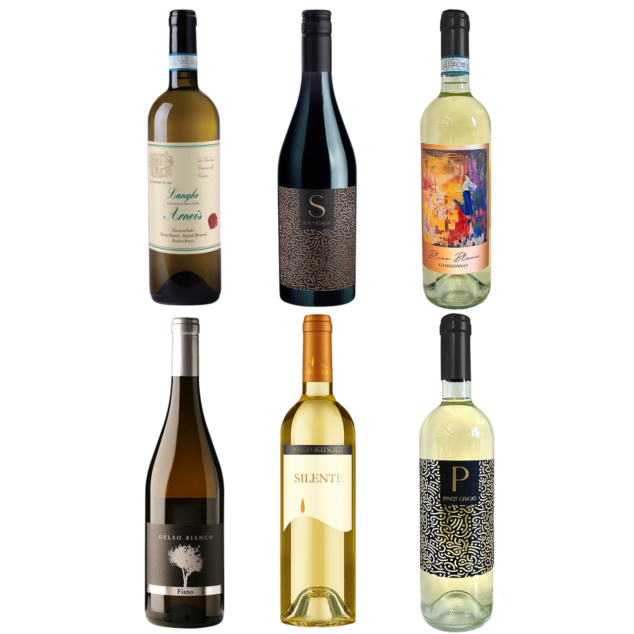 Six wine bottles with various labels on a white background