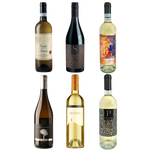 Six wine bottles with various labels on a white background