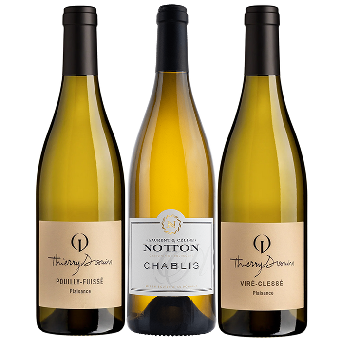 Intro to Burgundy White 3 Pack. Authentic white Burgundy from small producer domaines. Chablis, Pouilly-Fuissé, Viré-Clessé. Clean farming and low sulfites.