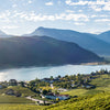 Alto Adige landscape with vineyards, a lake, and mountains under a blue sky.