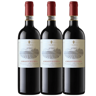 Three bottles of Chianti Riserva wine with visible labels on a white background