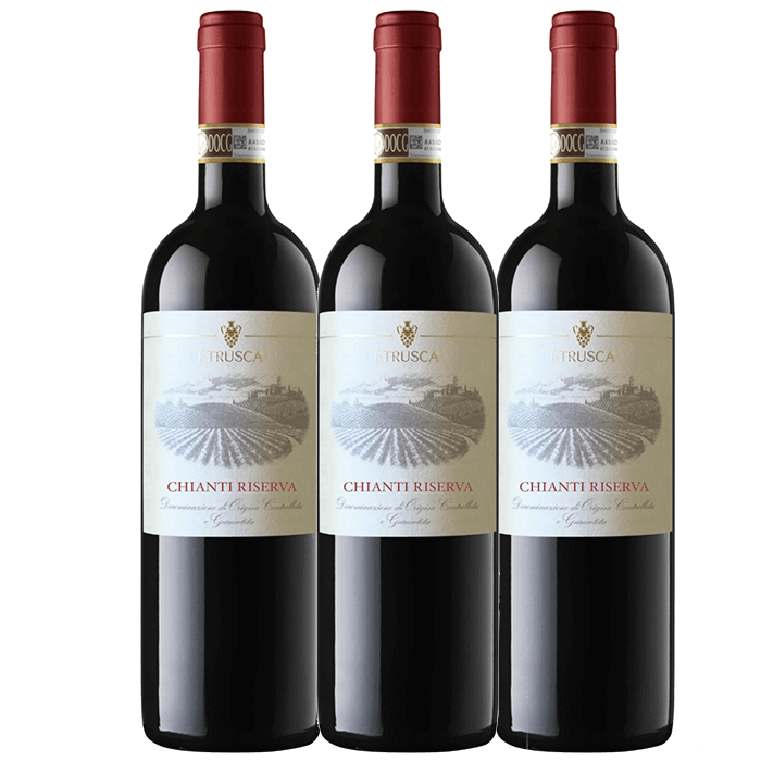 Three bottles of Chianti Riserva wine with visible labels on a white background