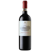 Red wine bottle with a label on a white background