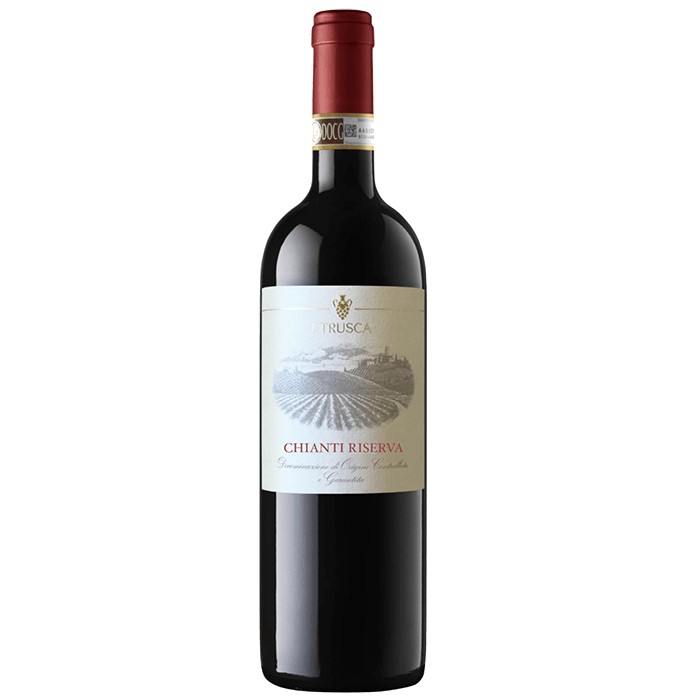 Red wine bottle with a label on a white background