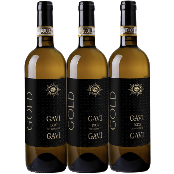 Three bottles of Gavi wine with black labels on a white background