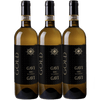 Three bottles of Gavi wine with black labels on a white background