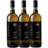 Three bottles of Gavi wine with black labels on a white background