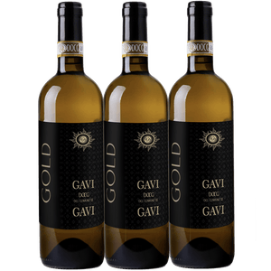 Three bottles of Gavi wine with black labels on a white background