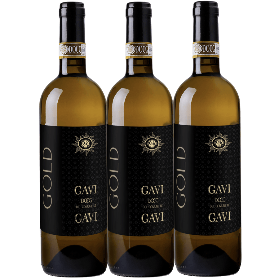 Three bottles of Gavi wine with black labels on a white background