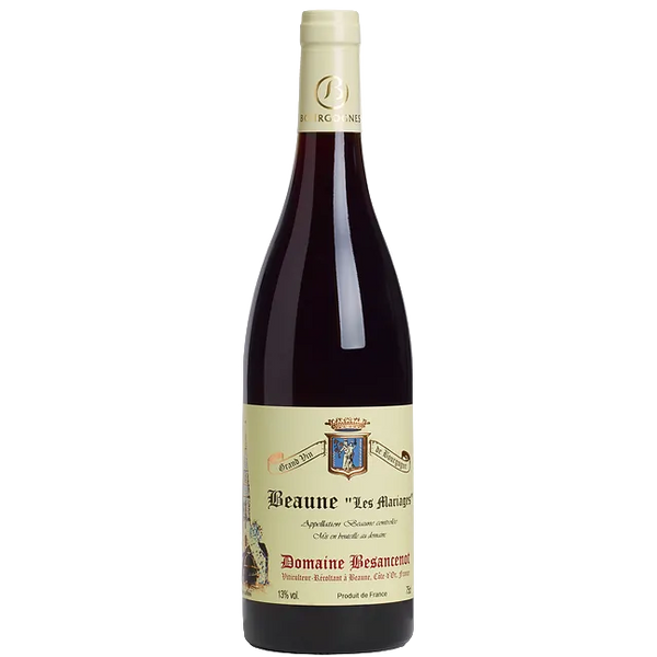 Bottle of Domaine Besancenot Beaune 'les Mariages' 2022 wine with a label showing the brand, type, and other details, set against a plain background.
