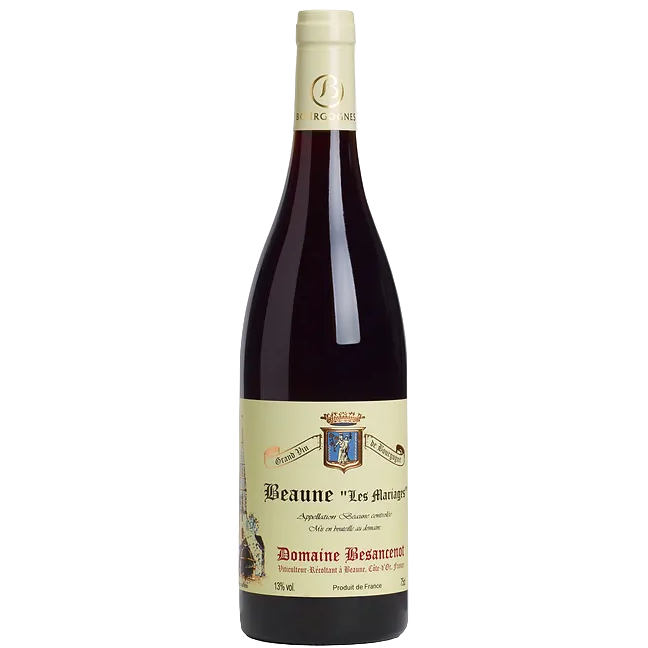 Bottle of Domaine Besancenot Beaune 'les Mariages' 2022 wine with a label showing the brand, type, and other details, set against a plain background.