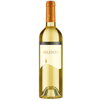 Bottle of Silente Vermentino wine with a yellow label, text, and a drop of wine icon.