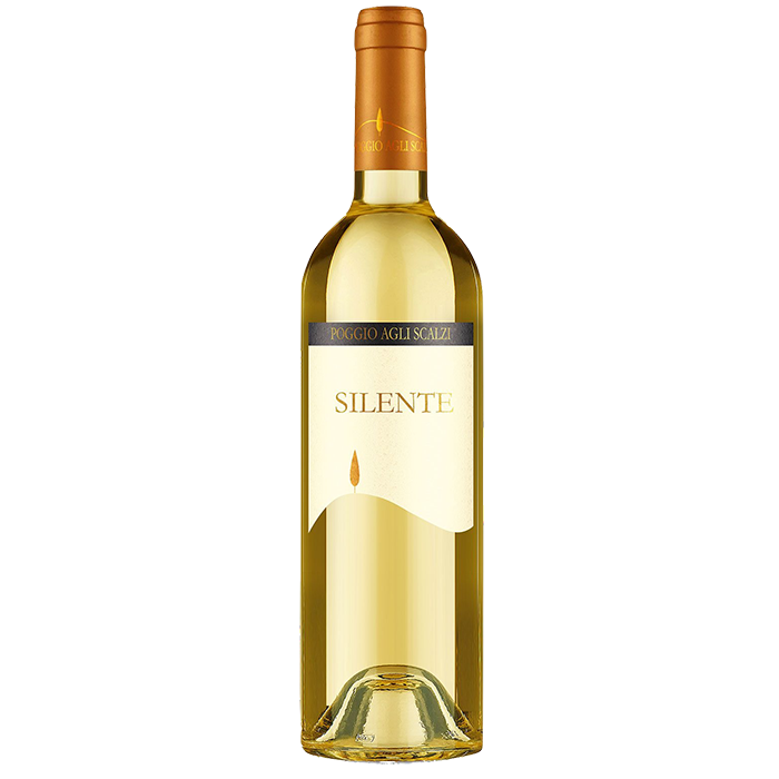 Bottle of Silente Vermentino wine with a yellow label, text, and a drop of wine icon.