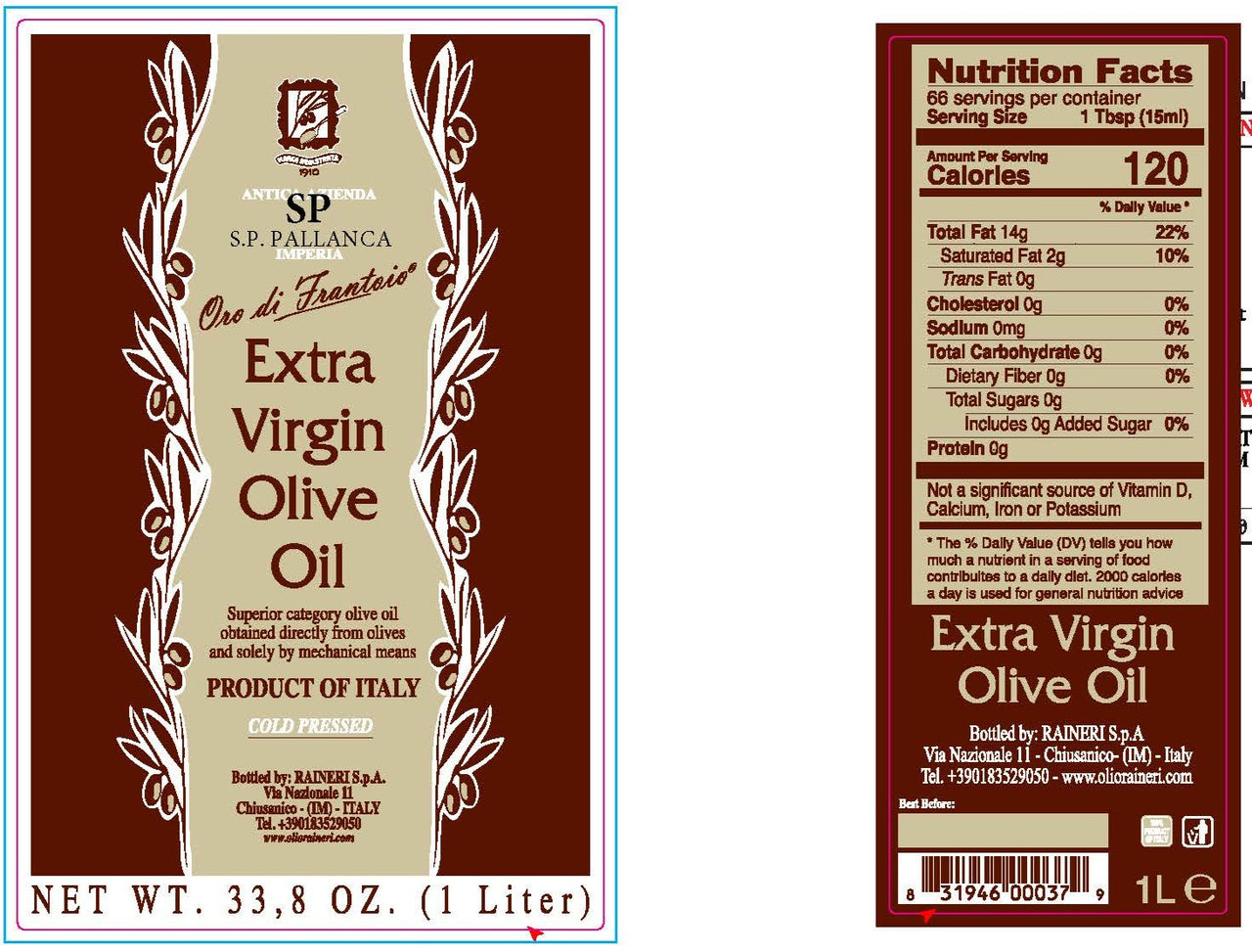 Olive Oil S.P. PALLANCA , Organic , Liguria, Italy 1L